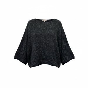 Free People Navy Blue Tweed Boucle Pullover Sweater Boxy Large Cotton Boho‎